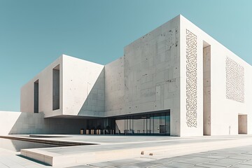 A modern building with a facade of smooth, minimalist surfaces highlighted by intricate Islamic carvings