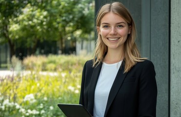 Fototapeta premium Young professional woman smiling confidently outdoors