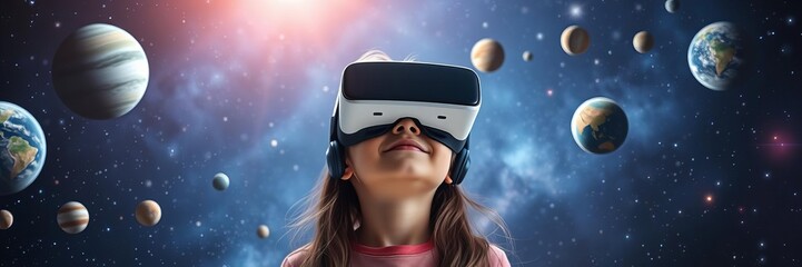 Child girl with long brown hair wearing virtual reality headset, immersed in a digital space system displaying planets and universes for future learning and education, girl, headset, education