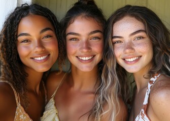 Fototapeta premium A group of women stands together, each with a soft smile that reflects empathy and the strength of their friendship.