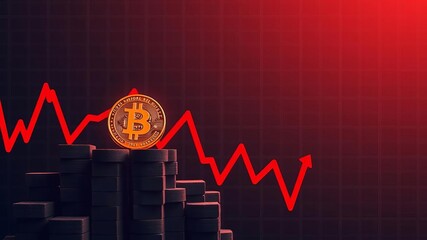 Cryptocurrency downtrend illustration with falling bitcoin blocks and red market chart, blocks, value, bitcoin
