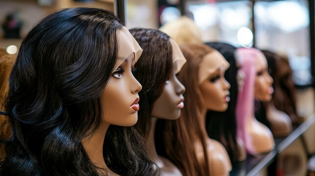 A selection of black hair wigs displayed on mannequin heads in a boutique.