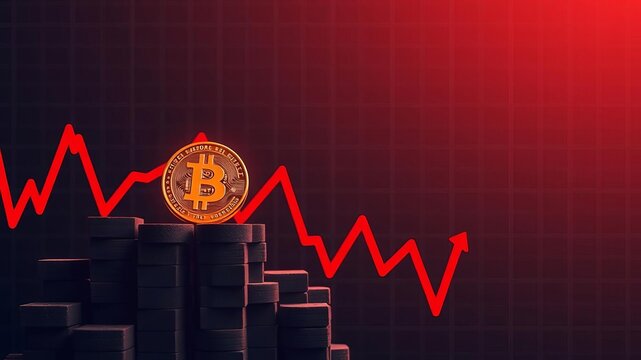 Cryptocurrency downtrend illustration with falling bitcoin blocks and red market chart, blocks, value, bitcoin