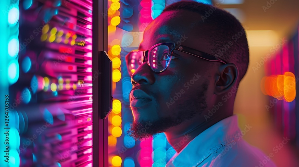 Leinwandbilder a man wearing glasses observes a server rack illuminated by vibrant lights, showcasing a blend of te