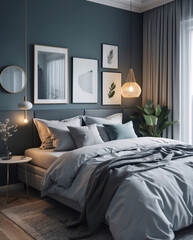 Modern Scandinavian inspired bedroom design with neutral colored furniture mirror cozy bed lamp and calming nature views through the window Modern Interior Design Inspiration