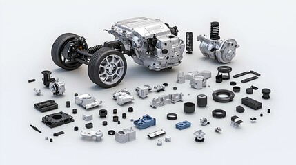 Disassembled Car Engine Parts 3D Render