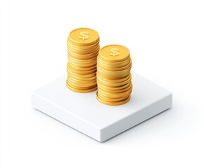 Two stacks of gold coins on a white cube, isometric view, financial concept