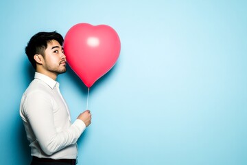 Commercial marketing creative. Valentine's day greeting from man or for man: remarkable bold image of loving asian adult man. Love confession. Dating profile picture. Passionate couple.