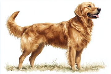 Obraz premium Golden retriever standing on green grass with a happy expression and a wagging tail in a bright environment
