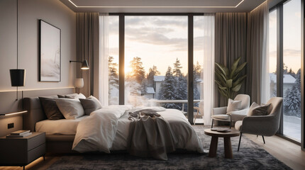 Fototapeta premium Scandinavian bedroom with neutral furniture inviting bed mirror lamp and a relaxing nature view visible from the window Modern Interior Design Inspiration