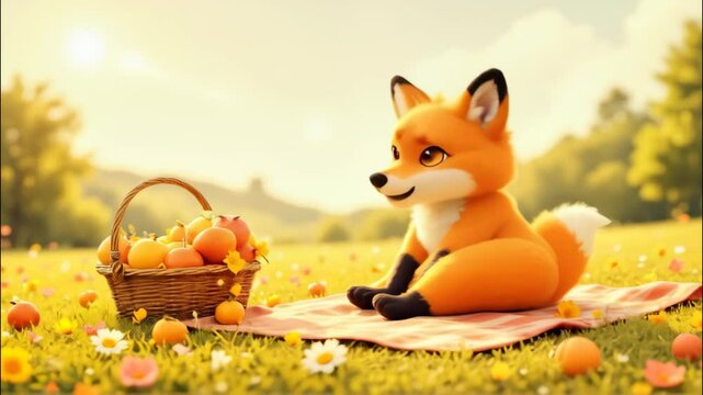 A cartoon fox is sitting on a blanket in a field with a basket of fruit