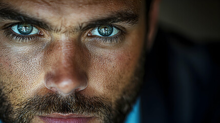 Obraz premium Close-up portrait man intense gaze, stubble, blue eyes