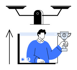 Balancing scales, person on screen holding trophy, upward arrow. Ideal for balance, success, motivation remote work competition achievement growth. Line metaphor. Line metaphor. Simple line icons