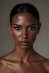 Captivating portrait of a confident woman with striking features and a graceful demeanor in a neutral-toned setting, exuding elegance and strength