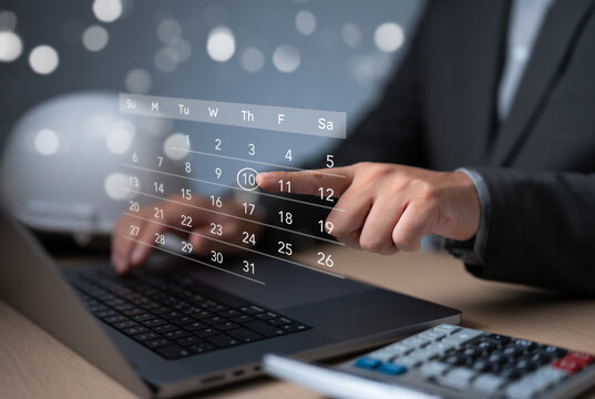 Time management ideas. Calendar on a virtual screen. Business people manage time for effective work. Make an appointment, action plans, highlight reminders, and meeting agenda on the calendar. - Powered by Adobe