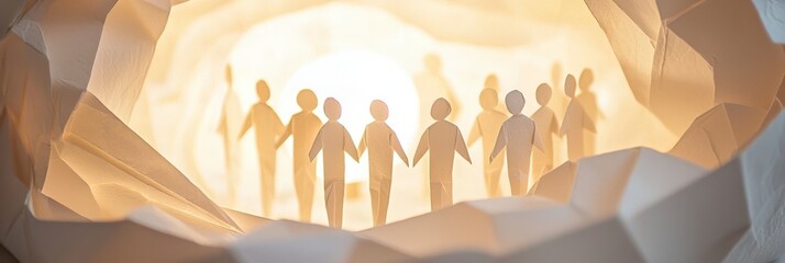 A collection of hand-crafted paper figures in a cave-like structure represents exploration and emergence, symbolizing discovery and unity within various environments.