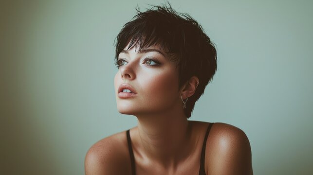 A portrait of a woman with short, edgy black hair styled in a pixie cut.
