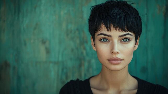 A portrait of a woman with short, edgy black hair styled in a pixie cut.