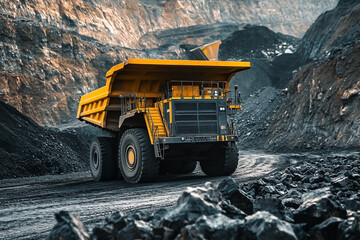 Massive industrial yellow dump truck working in an open-pit coal mine landscape