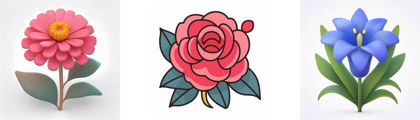 Three flower illustrations in different styles and colors. The first is a pink zinnia style, the second a red rose outline, and the third a blue bell-shaped flower.