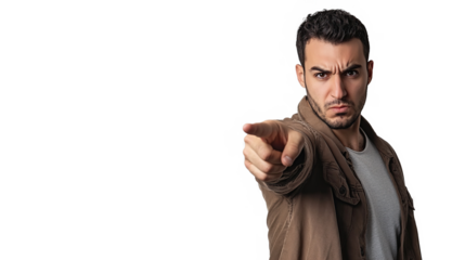 A confident man with a serious expression points at the camera isolated on a transparent background