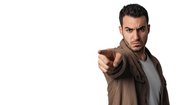 A confident man with a serious expression points at the camera isolated on a transparent background - Powered by Adobe