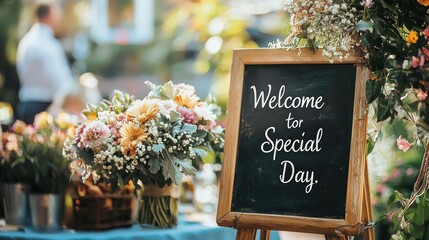 A wedding scene with a blackboard sign saying "Welcome to Our Special Day."