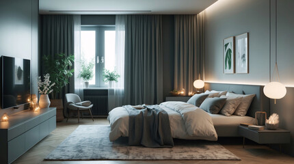 Obraz premium Scandinavian style bedroom design with neutral colored furniture large bed mirror lamp and scenic nature views visible from the window Modern Interior Design Inspiration