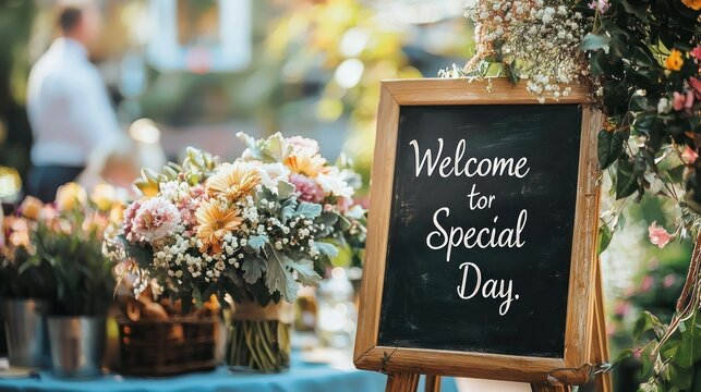 A wedding scene with a blackboard sign saying "Welcome to Our Special Day."