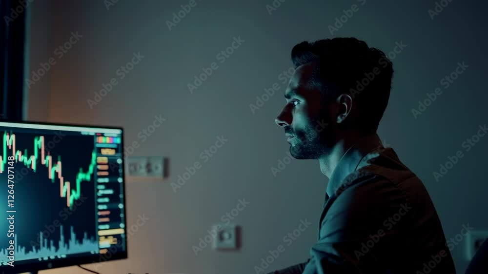 Aufkleber finance professional observes stock market data on computer screen in slow motion, analyzing trends 