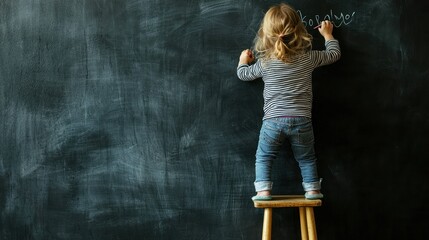 A child standing on a stool to reach a blackboard, writing their name.