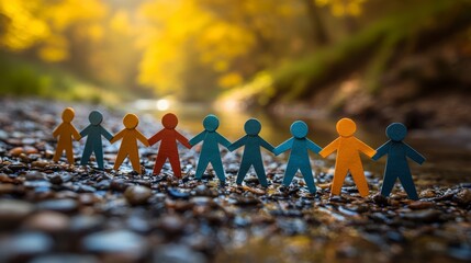A vibrant row of colorful paper figures stands hand-in-hand by a tranquil stream, representing unity, diversity, and the importance of community connections in nature.