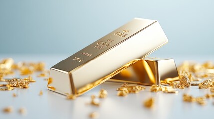 Glimmering Gold Bars on a Soft Blue Background Surrounded by Shiny Gold Flakes and Glittering Coins Reflecting Wealth and Prosperity in Finance