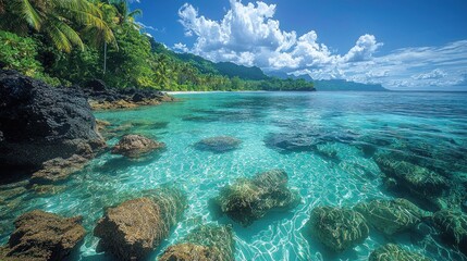 Fototapeta premium Serene Tropical Beach with Clear Waters and Lush Green Mountains in Background