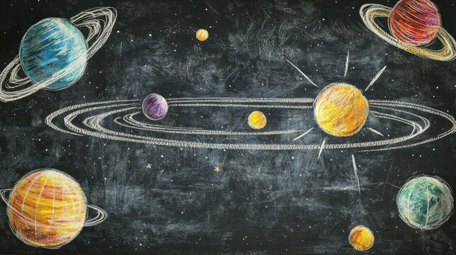 A blackboard showcasing a colorful diagram of the solar system in chalk. - Powered by Adobe