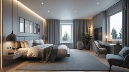 Fototapeta premium Stylish Scandinavian bedroom design with neutral furniture mirror large bed lamp and a peaceful view of nature outside the window Modern Interior Design Inspiration