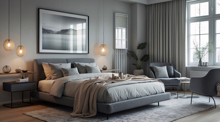 Stylish Scandinavian bedroom with neutral colored furniture cozy bed mirror lamp and calming views of nature outside the window Modern Interior Design Inspiration