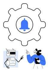 Gear with blue bell inside robot pointing up, support agent with clipboard pointing. Ideal for technology, updates, alerts, automation, customer support, notifications, human-robot interaction. Line