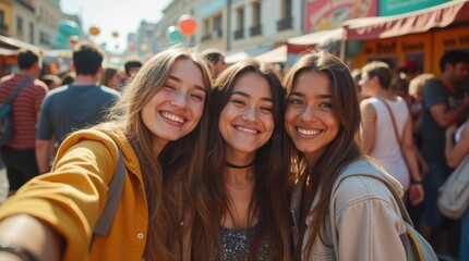 Friends' Festive Group Selfie at Outdoor Festival