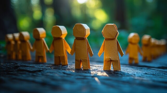 An artistic depiction of origami-like yellow figures arranged in a vibrant green forest, illustrating playful creativity and a sense of community in nature's embrace.