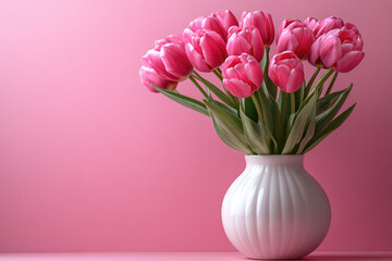 Obraz premium Side view of a vase with pink tulips placed against a monochromatic pink wall, creating a clean and modern aesthetic.Festive banner for birthday, Mother's day, Women's day, March 8,Easter, anniversary