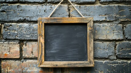 A blackboard with a rustic wooden frame, hanging on a brick wall.