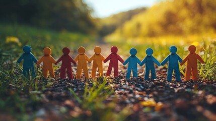 Vibrant colored figures holding hands along a lush green pathway, symbolizing friendship, unity, and collective connectivity amidst a beautiful natural backdrop.