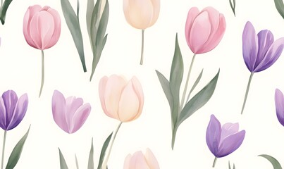 botanical illustrations of tulips, purples and pinksl on cream background, Generative AI