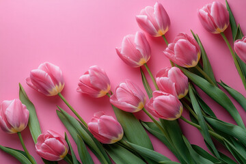 Obraz premium Greeting background with Bouquet of fresh pink tulips a pink background . Festive banner for birthday, Mother's day, Women's day, March 8,Easter, anniversary. Flat lay. Top view. Copy space. Mock up