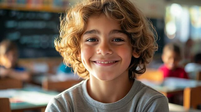 Smiling caucasian child in classroom setting with curly hair and engaging expression, 4k video