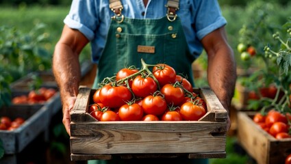 Farmer proudly holding freshly harvested red tomatoes