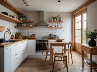 Fototapeta premium Bright and airy kitchen with wooden accents and natural light