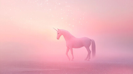 Unicorn wanders through a dreamy pastel mist at dawn, embracing a magical morning in a surreal landscape