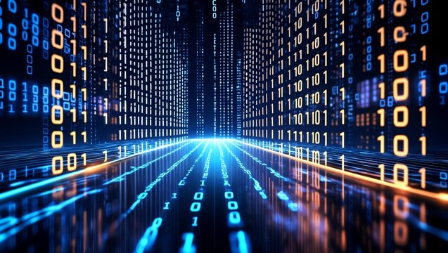 Flow of binary code on illuminated digital screen